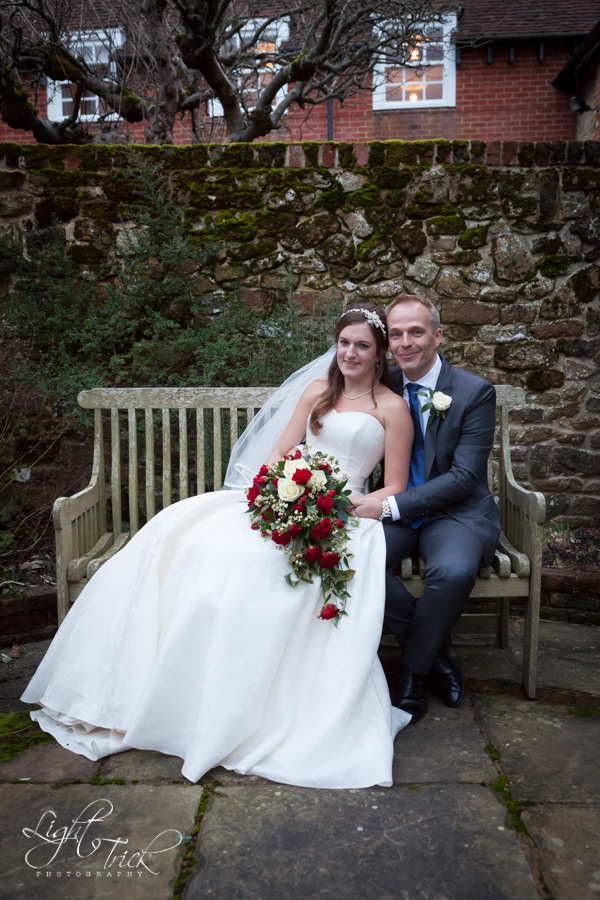 wedding couple on a bench